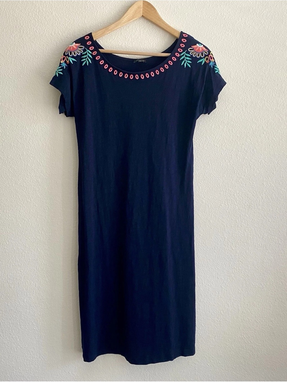 Talbots Navy Shift Dress with Pink & Green Embroidered Accents
